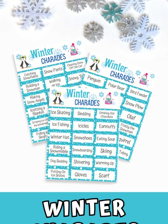 Mockup with three pages of winter themed charades overlapping each other on a white background. Top of image is decorated with snowflakes. Bottom of image has white text on dark teal background that says Winter Charades.