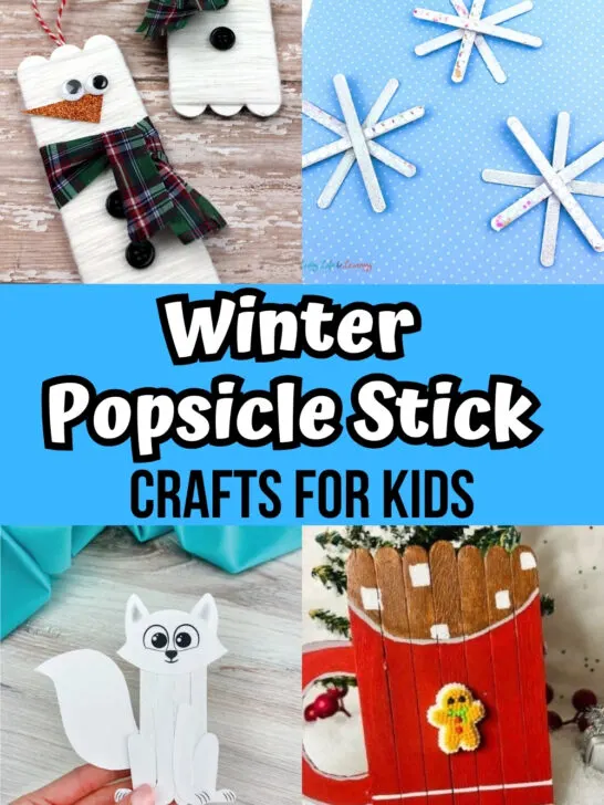 Snowman, snowflake, Arctic fox, and hot cocoa popsicle stick crafts in an image collage.