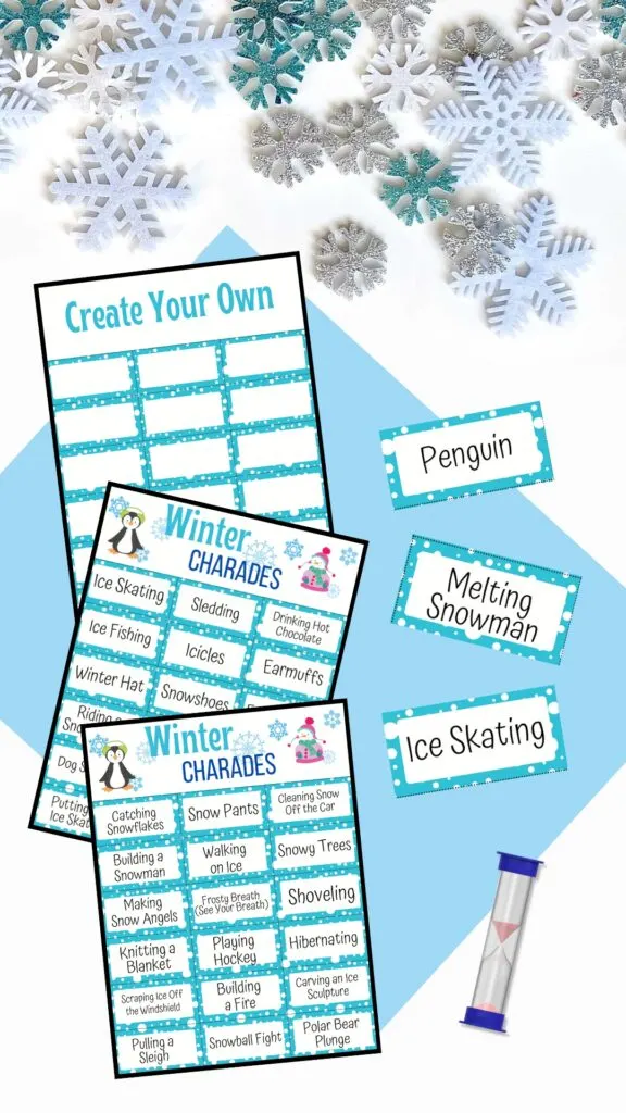 Mockup with three full pages of winter charades prompts overlapping each other next to three individual game cards. Pages and cards are on a light blue paper. Sand timer in lower corner. Assorted decorative snowflakes across the top.