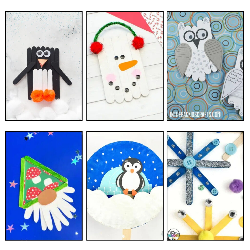 Six different popsicle stick crafts kids can make for winter. Featuring a penguin, snowman, gnome, snowflakes, and snowy owl.