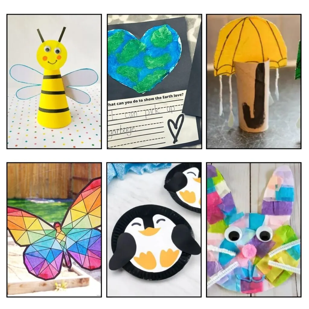 Collage of 6 different of April Crafts for Kids.