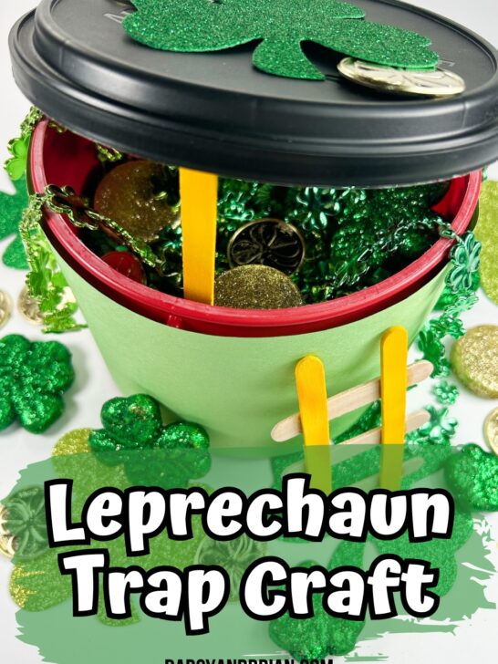 Shamrock decorated leprechaun trap made using an empty plastic coffee container.