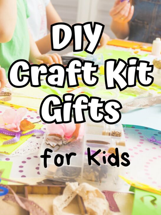 White text with a black outline reads 'DIY Craft Kit Gifts for Kids.' Below that is smaller black text, overlaid on a background featuring a child's hands engaged in DIY crafts, showcasing the materials.