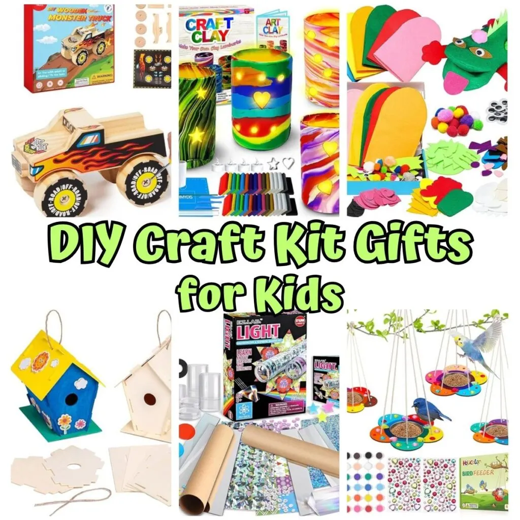Collage of 6 different DIY Craft Kit Gifts for kids. 
