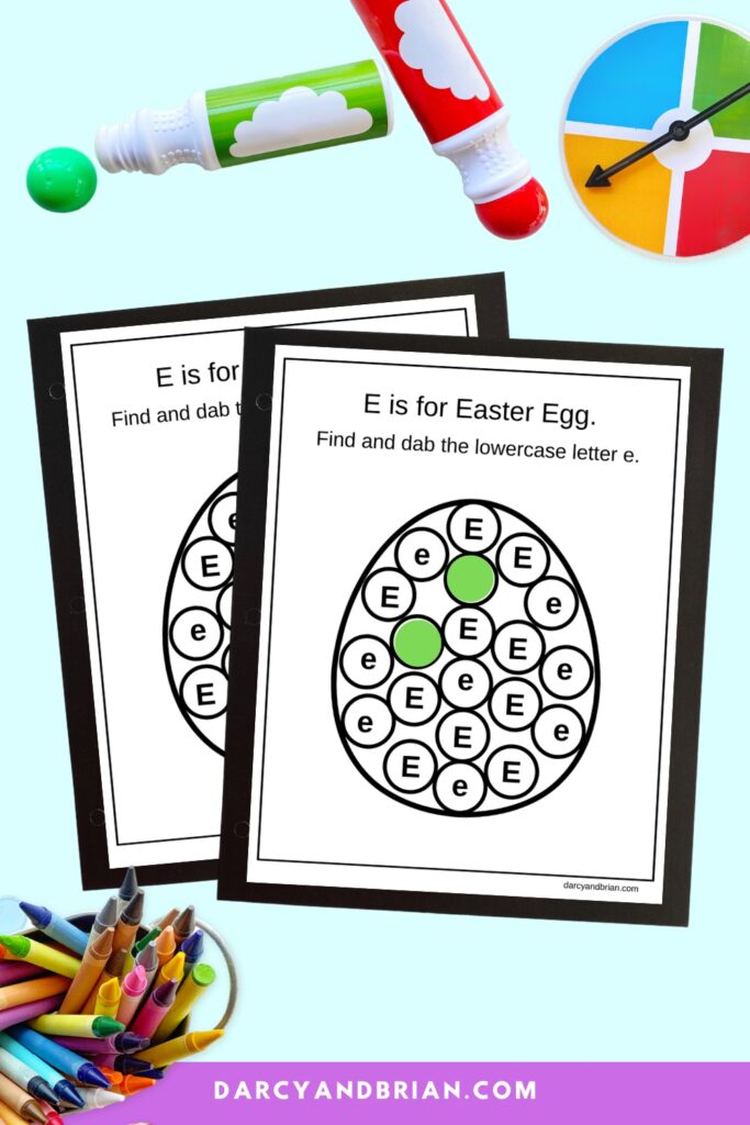 Two pages with an Easter egg with letter Es in the dots for kids to find upper and lowercase. Two dots are filled with green.