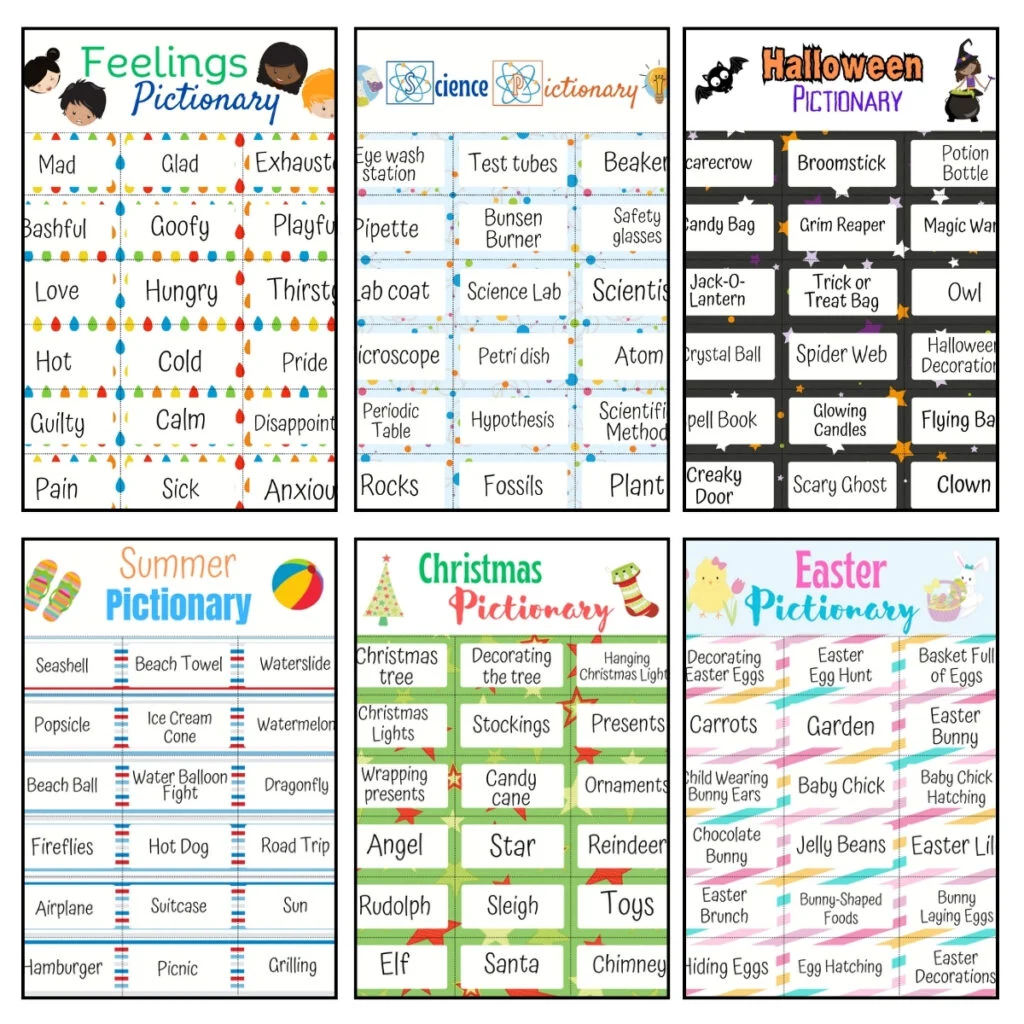 Collage of six different pages of Pictionary drawing game prompts kids can use for different themes.