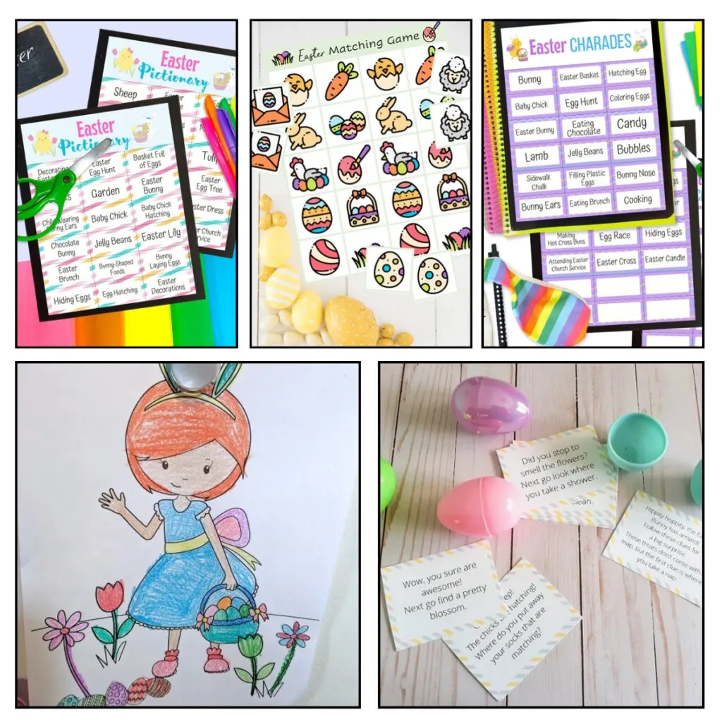Pictures of five different Easter-themed activities kids can do at home or school in a square image. Activities include a drawing game, a matching game, Charades, coloring, and scavenger hunt clues.