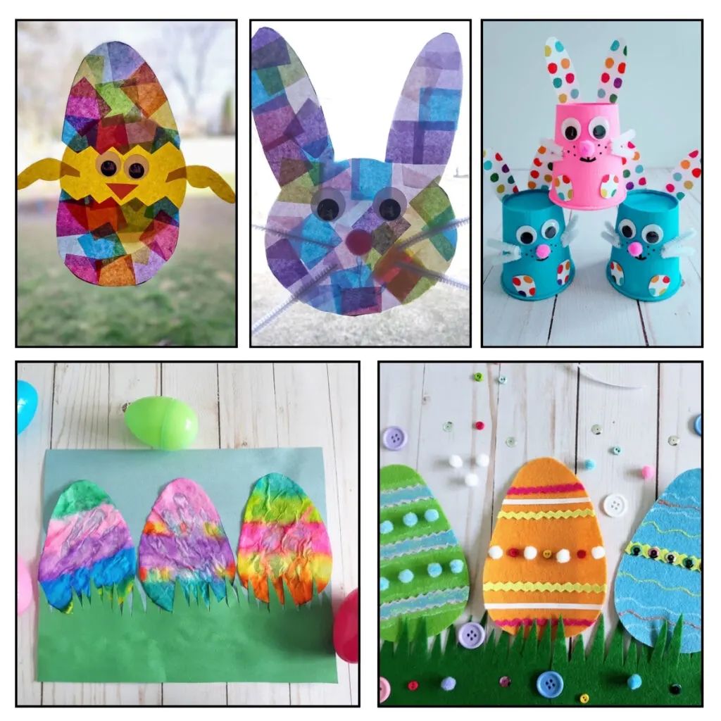 Five different Easter crafts kids can make in a image collage. Crafts include Easter eggs, bunnies, and a baby chick.