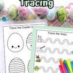 Two pages of line tracing worksheets featuring Easter eggs laying on top of pastel colored paper. Pretty Easter eggs lined up above the pages. Colorful markers lay on top of one page.