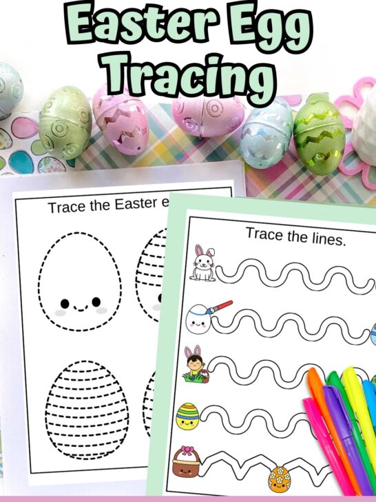 Two pages of line tracing worksheets featuring Easter eggs laying on top of pastel colored paper. Pretty Easter eggs lined up above the pages. Colorful markers lay on top of one page.
