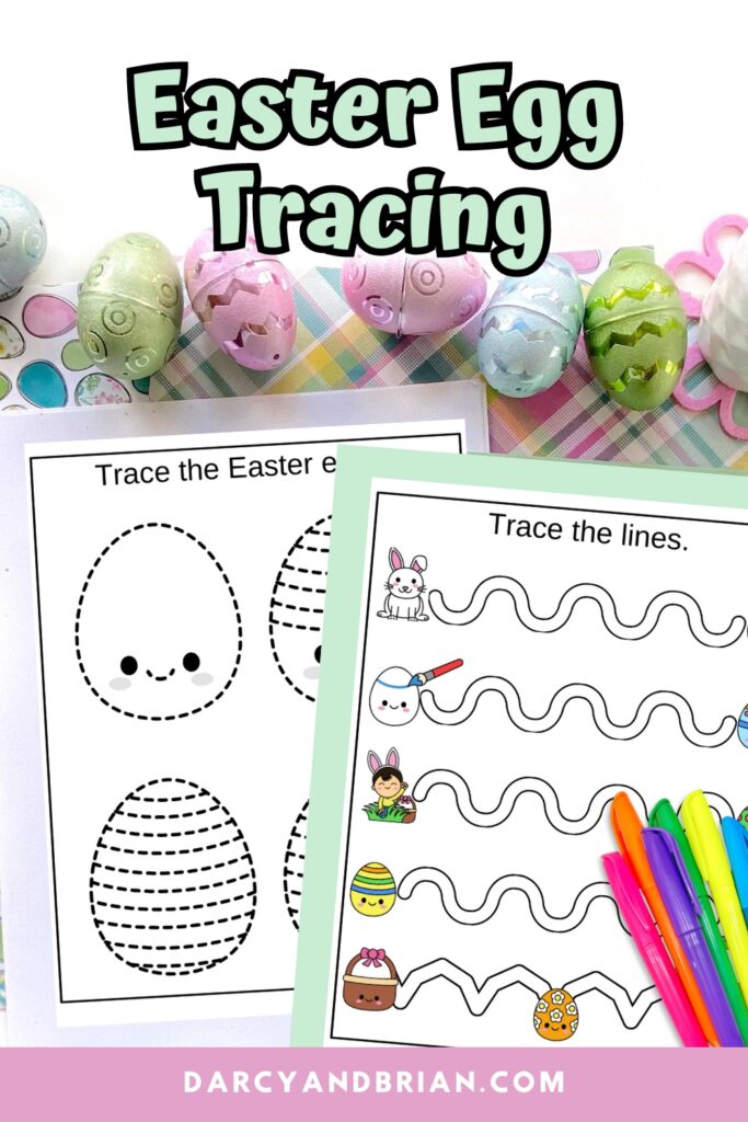 Two pages of line tracing worksheets featuring Easter eggs laying on top of pastel colored paper. Pretty Easter eggs lined up above the pages. Colorful markers lay on top of one page.