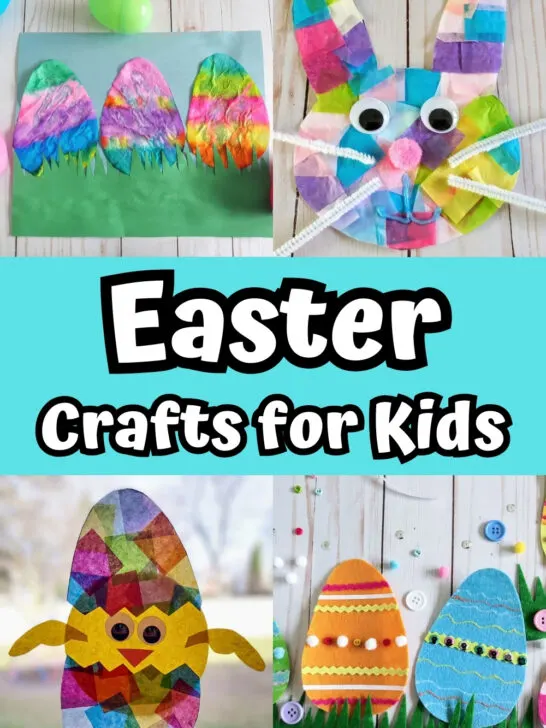 Picture collage of four different crafts kids can make for Easter: coffee filter eggs, bunny suncatcher, hatching chick suncatcher, and felt Easter eggs.