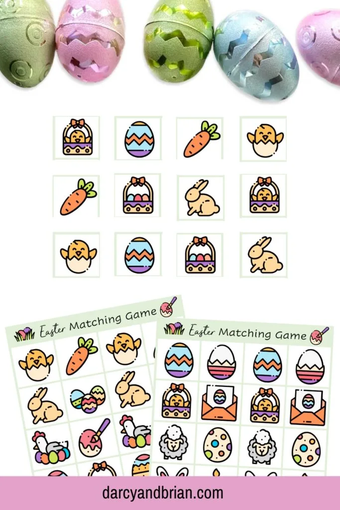Mockup with 12 Easter themed cards arranged in a grid. Top is decorated with Easter eggs. The pages are near the bottom of the image.