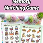 White text with black outline on a light pink background at the top says Easter Memory Matching Game. Preview of the printable game pages on top of pastel papers with a line of Easter eggs along the top.