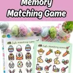 White text with black outline on a light pink background at the top says Easter Memory Matching Game. Preview of the printable game pages on top of pastel papers with a line of Easter eggs along the top.