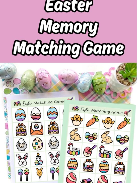 White text with black outline on a light pink background at the top says Easter Memory Matching Game. Preview of the printable game pages on top of pastel papers with a line of Easter eggs along the top.