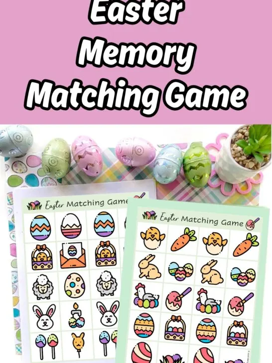 White text with black outline on a light pink background at the top says Easter Memory Matching Game. Preview of the printable game pages on top of pastel papers with a line of Easter eggs along the top.