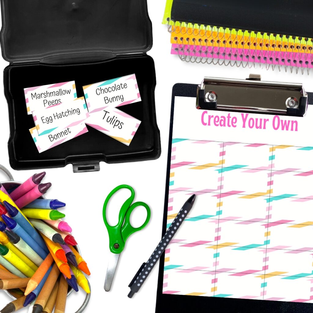 Blank page of create your own cards on a clipboard next to a small black task box with several Easter Pictionary word cards inside it. Crayons, scissors and a pen near the word list.