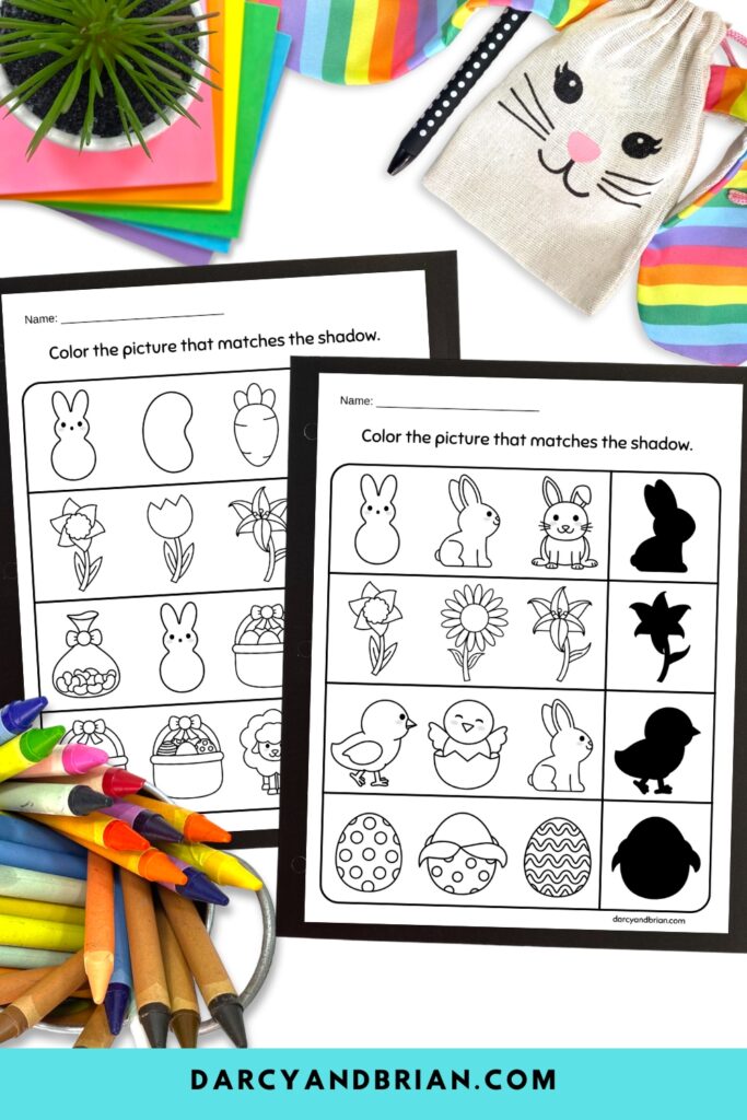 Two shadow matching worksheets with Easter themed pictures. Crayons in the lower corner and along the top is a colorful bunny bag.