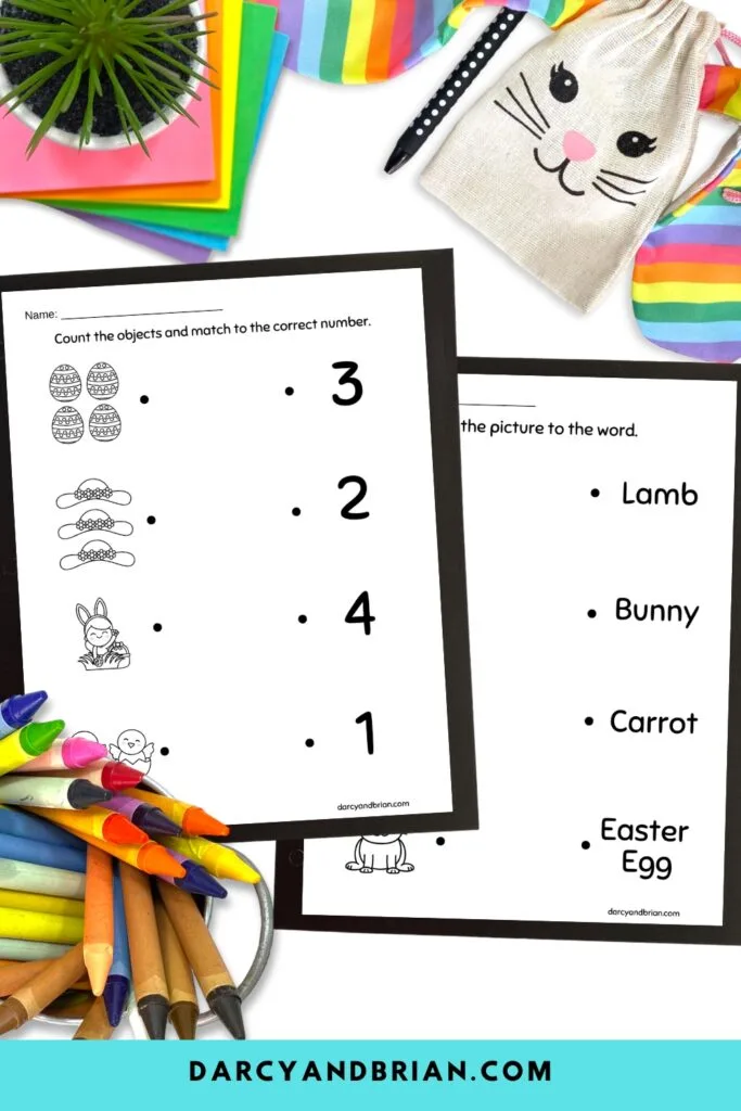 Mockup with Easter themed number matching page and word matching page.