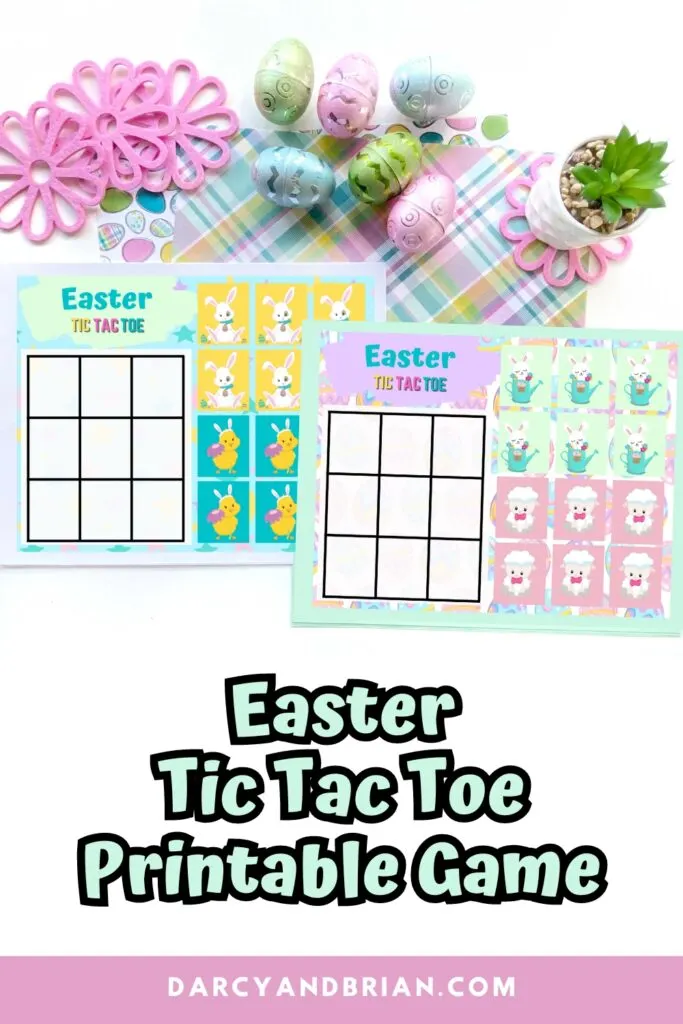 Digital mockup with two of the Easter printable tic tac toe boards overlapping each other next to decorative Easter items. 
