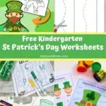 Collage image showing several different printable worksheets and activity pages that kindergarten children can do for Saint Patrick's Day.