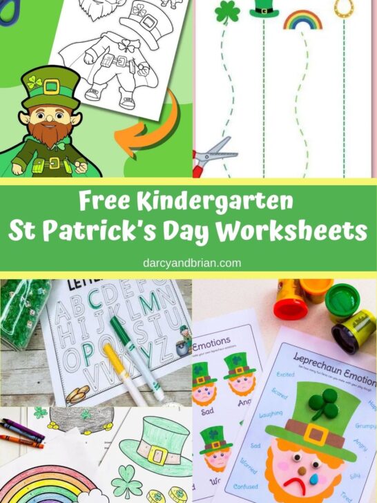 Collage image showing several different printable worksheets and activity pages that kindergarten children can do for Saint Patrick's Day.