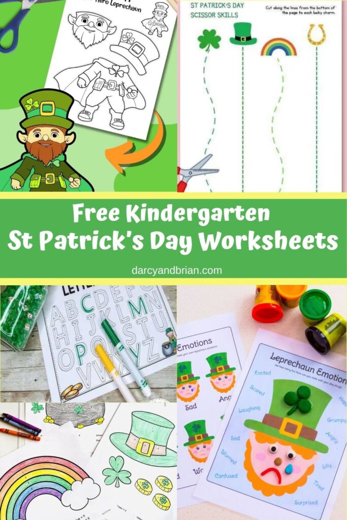 Collage image showing several different printable worksheets and activity pages that kindergarten children can do for Saint Patrick's Day.