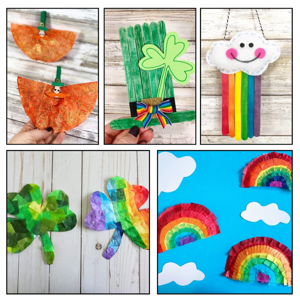 Collage of five different Saint Patrick's Day themed crafts. Leprechaun, shamrocks, and rainbows made with coffee filters, tissue paper, and popsicle sticks.