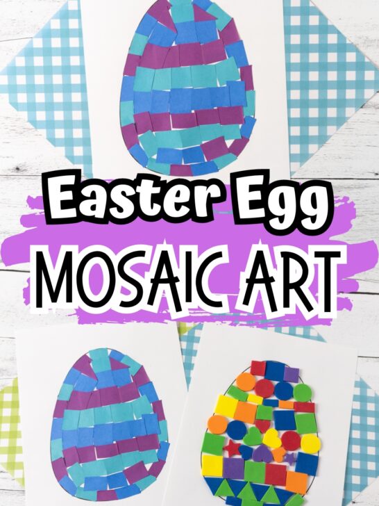 Collage of two images showing completed Easter egg mosaic crafts. One with multi colored foam stickers and one with blue and purple paper.