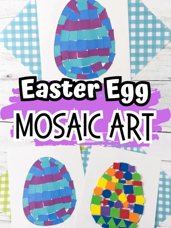 Collage of two images showing completed Easter egg mosaic crafts. One with multi colored foam stickers and one with blue and purple paper.