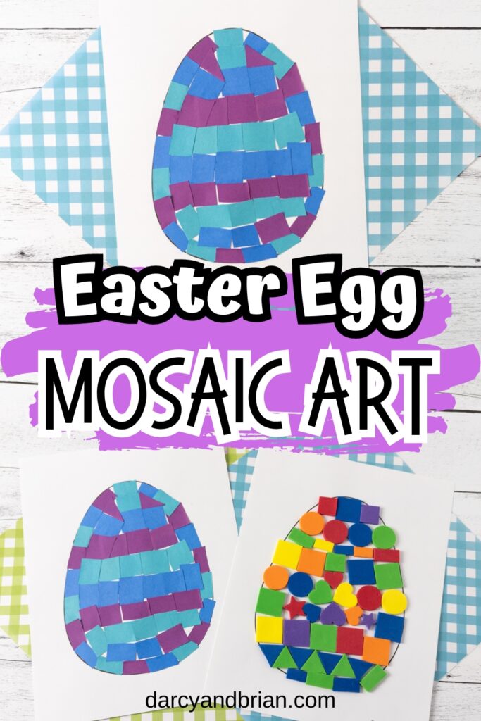 Collage of two images showing completed Easter egg mosaic crafts. One with multi colored foam stickers and one with blue and purple paper.