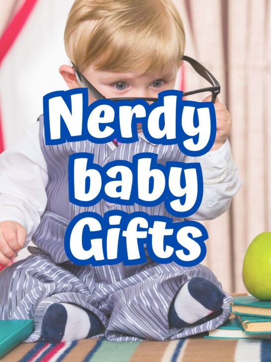 White text with a blue outline reads 'Nerdy baby Gift' , overlaid on a background featuring a nerdy baby