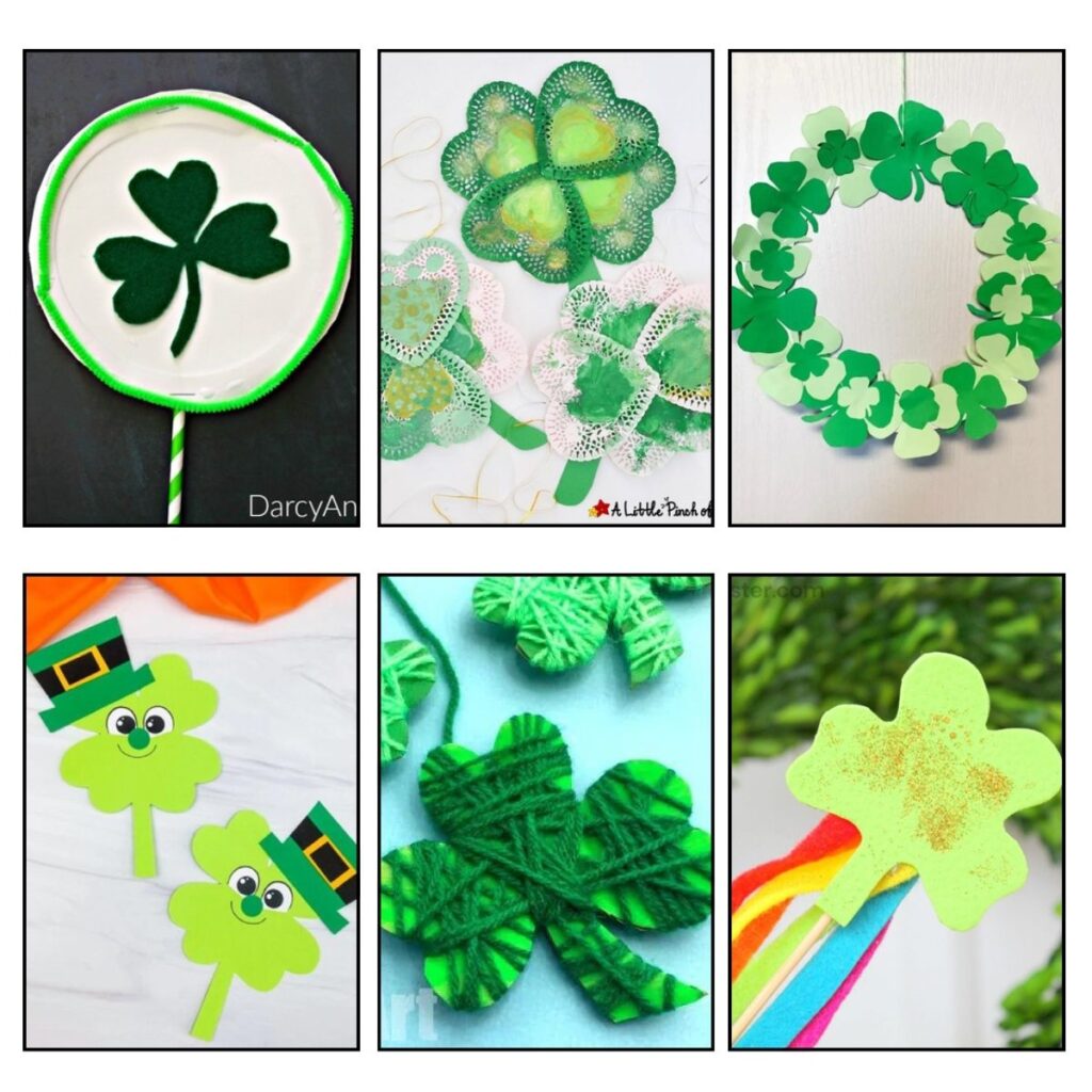 Collage of 6 different Shamrock Crafts for Preschoolers