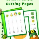 Preview of three scissor skill cutting pages with Saint Patrick's Day themed clipart. Preview pages are on top of green paper. A small leprechaun gnome is in the lower right hand corner.