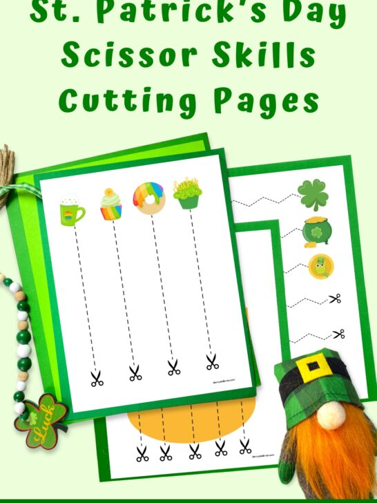 Preview of three scissor skill cutting pages with Saint Patrick's Day themed clipart. Preview pages are on top of green paper. A small leprechaun gnome is in the lower right hand corner.