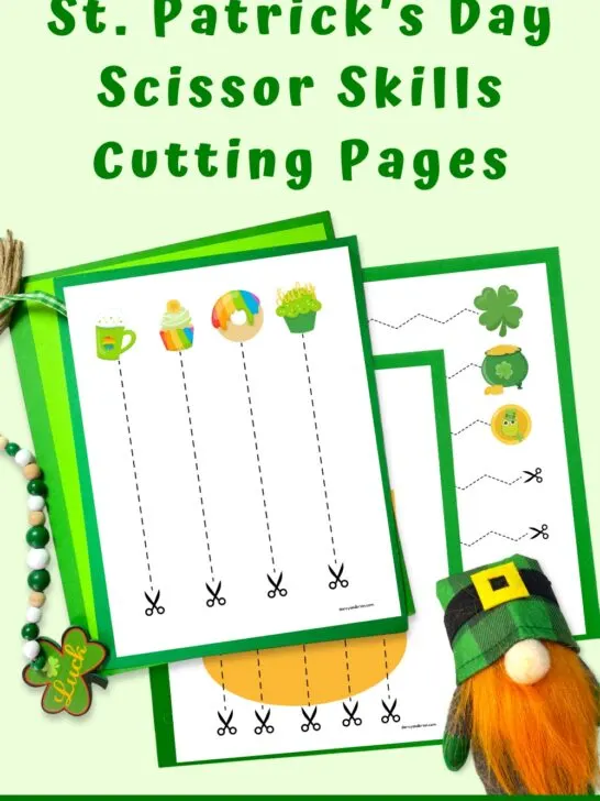 Preview of three scissor skill cutting pages with Saint Patrick's Day themed clipart. Preview pages are on top of green paper. A small leprechaun gnome is in the lower right hand corner.