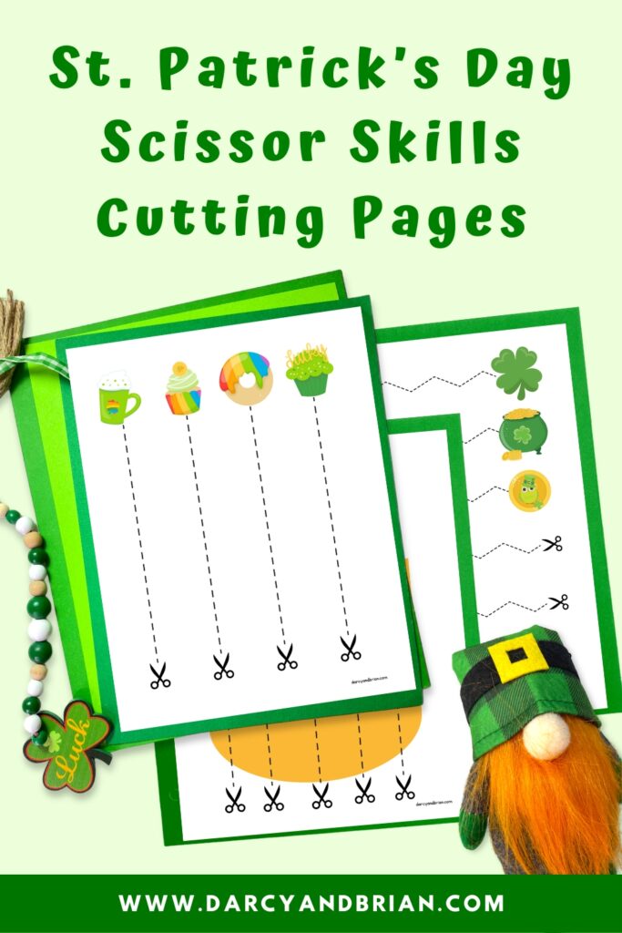 Preview of three scissor skill cutting pages with Saint Patrick's Day themed clipart. Preview pages are on top of green paper. A small leprechaun gnome is in the lower right hand corner.