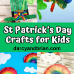 Leprechaun hat craft, shamrock craft, and rainbow crafts in a collage for Saint Patrick's Day Crafts for Kids.