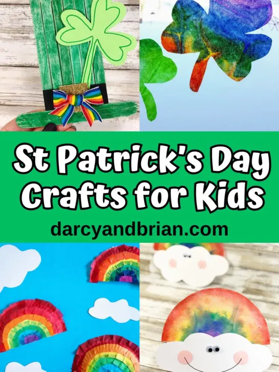 Leprechaun hat craft, shamrock craft, and rainbow crafts in a collage for Saint Patrick's Day Crafts for Kids.