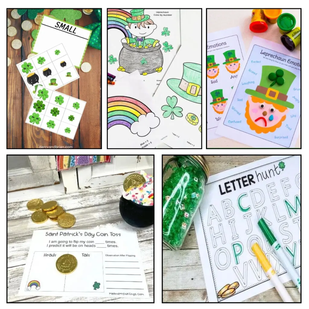 Five different printable Saint Patrick's Day themed worksheets for kindergartners. Featuring size sorting, coloring, emotions, letter find, and coin toss probability.
