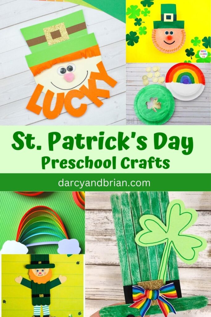 Collage of 6 different St. Patrick's Day Preschool Crafts