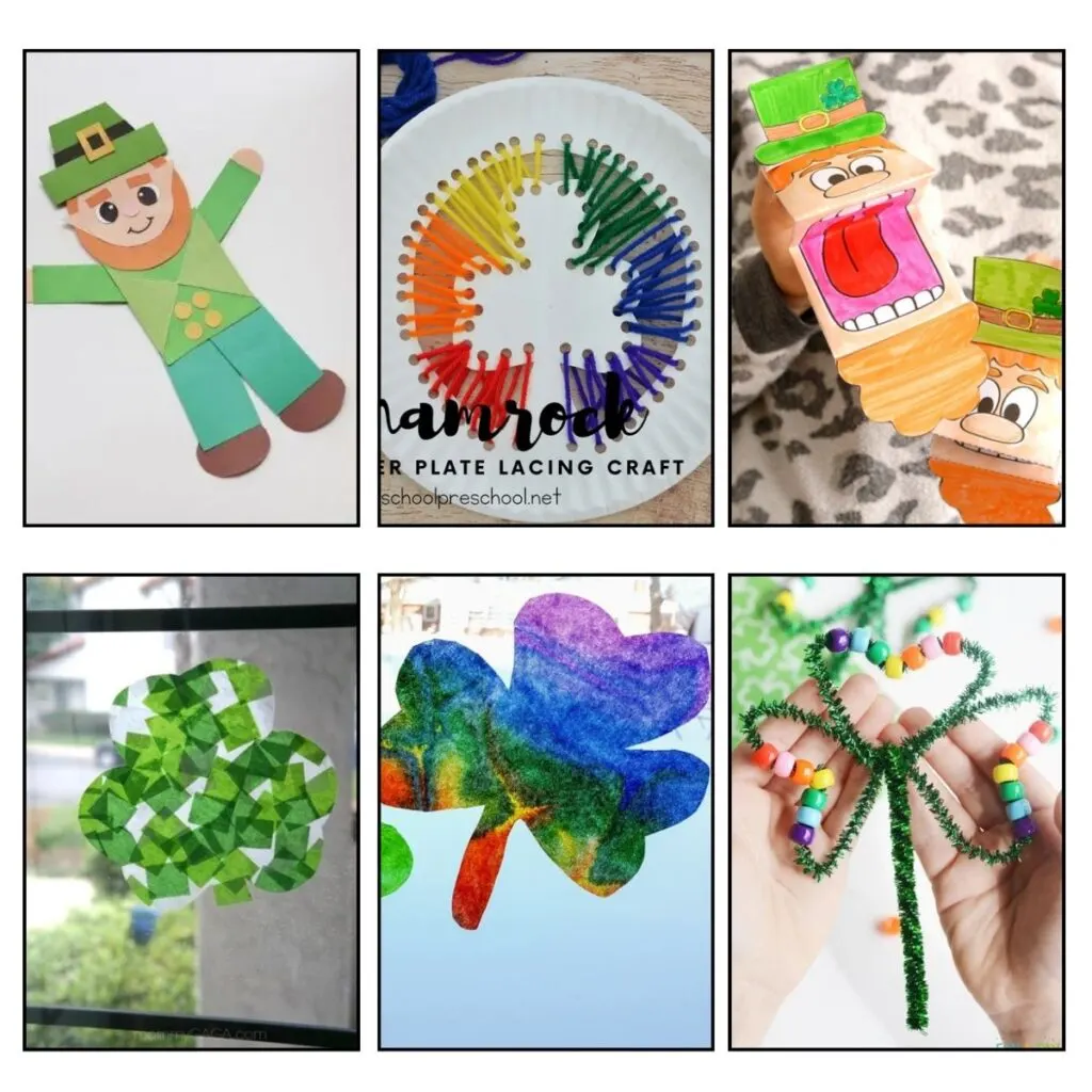 Collage of 6 different St. Patrick’s Day Preschool Crafts
