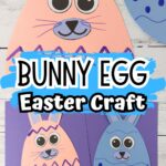 Two image collage of egg shaped bunny crafts. One made out of bright pink paper and one made out of blue paper.