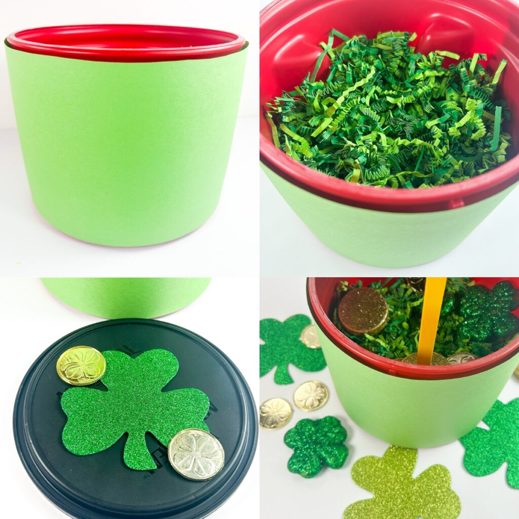 Collage with four main steps. Container wrapped in green paper, filled with paper shred, decorated lid, and propping the lid to set a trap for leprechauns.