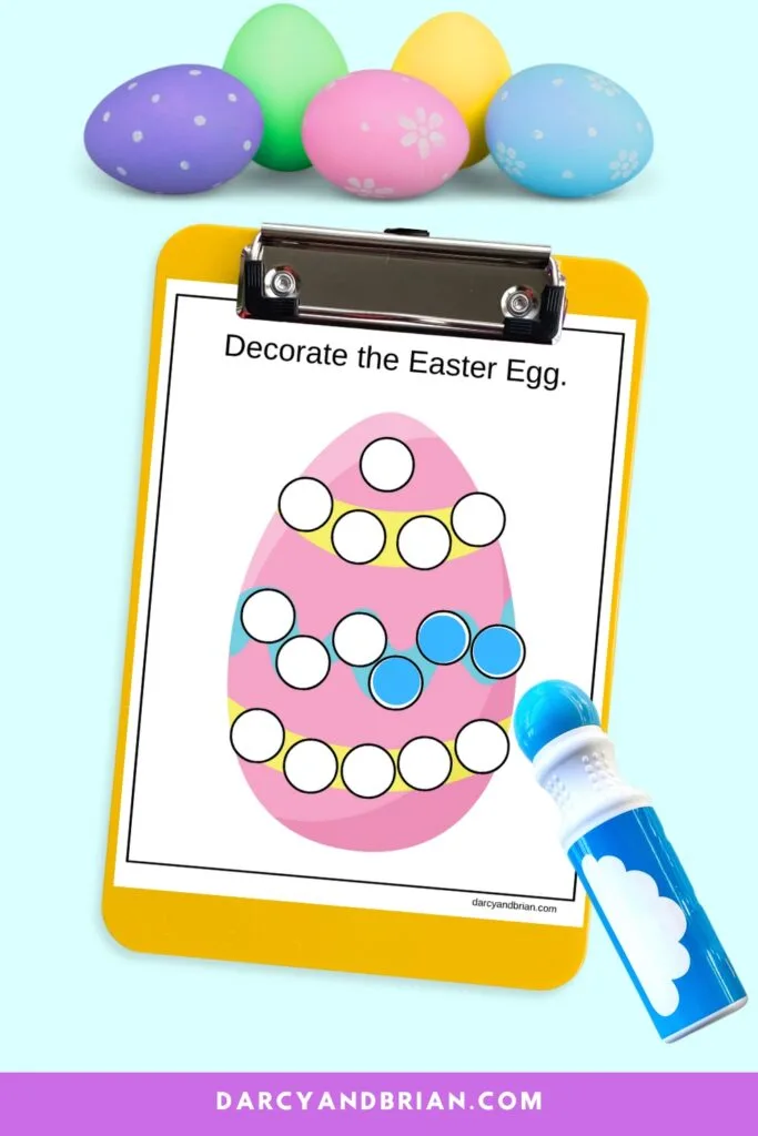 Colorful Easter egg with white dots for kids to decorate. A few are filled in with blue.