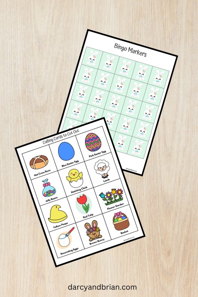 Preview of one page of bingo calling cards with Easter illustrations on it and a page of printable game tokens that can be used to cover bingo spaces.