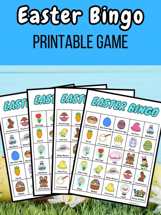 White and black text on blue background at top says Easter Bingo Printable Game. Four Easter themed bingo cards fanned out over a background with colored eggs and grass.