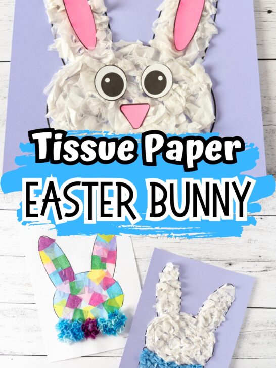 Top image shows a white and pink bunny made with tissue paper and colored cardstock paper. Bottom image shows two Easter bunny head and bowtie shapes covered in tissue paper.