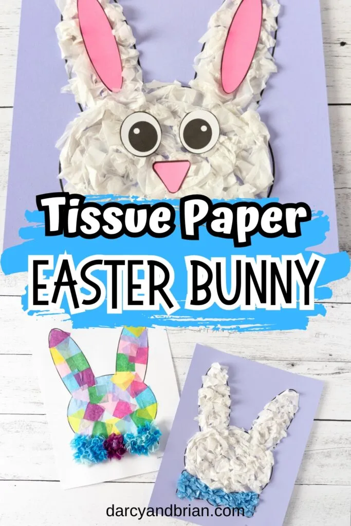 Top image shows a white and pink bunny made with tissue paper and colored cardstock paper. Bottom image shows two Easter bunny head and bowtie shapes covered in tissue paper.